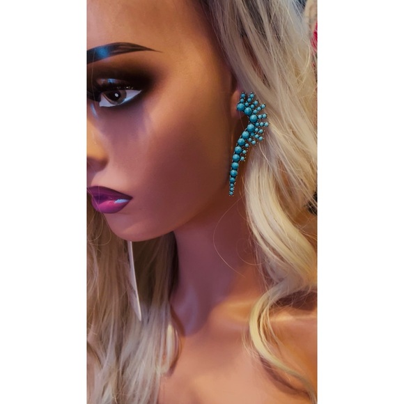 Turquoise Stone Cluster Dangle Earrings Boho Western Statement Drop Earrings - Picture 3 of 4